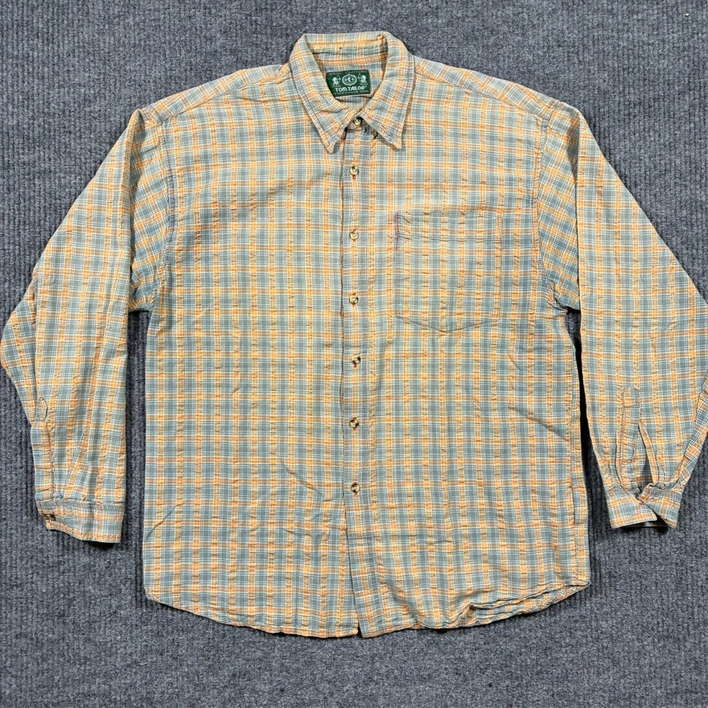 Tom Tailor Mens Button Down Shirt Long Sleeve Casual Orange Blue Plaid 46" Chest